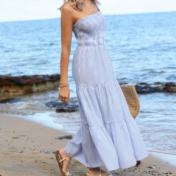 One Shoulder O-ring Detail Shirred Ruffle Hem Striped Print Dress - Picture 4 of 6